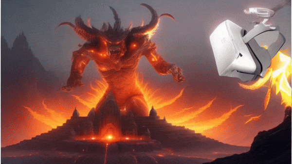 A gif of a Balrog being fired at by a laser gun mounted on a headset.